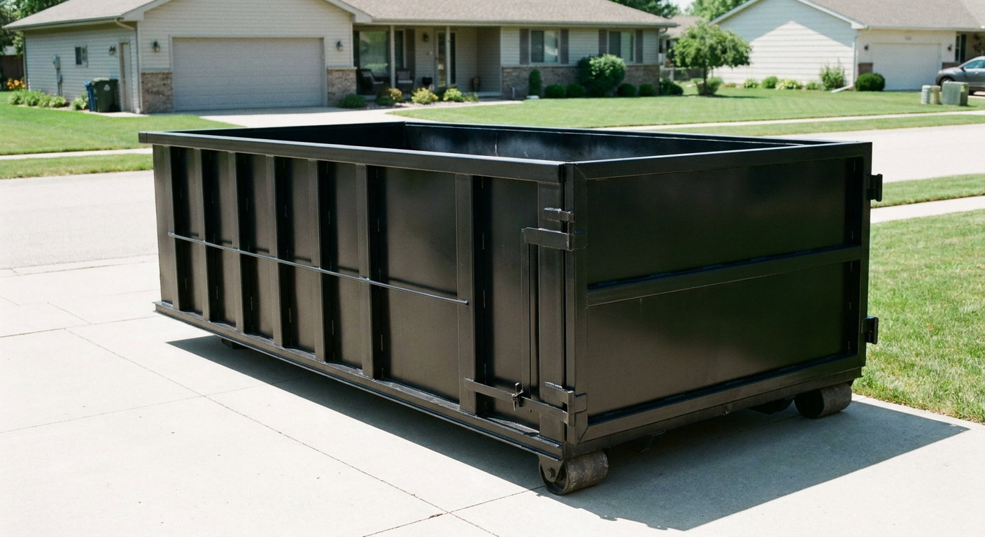 Matte-black 10-yard roll-off dumpster on a residential concrete driveway in Wyoming, uniformly painted matte black across every panel and rail, ribbed steel sidewalls and rear swing door visible, mid-day daylight.
