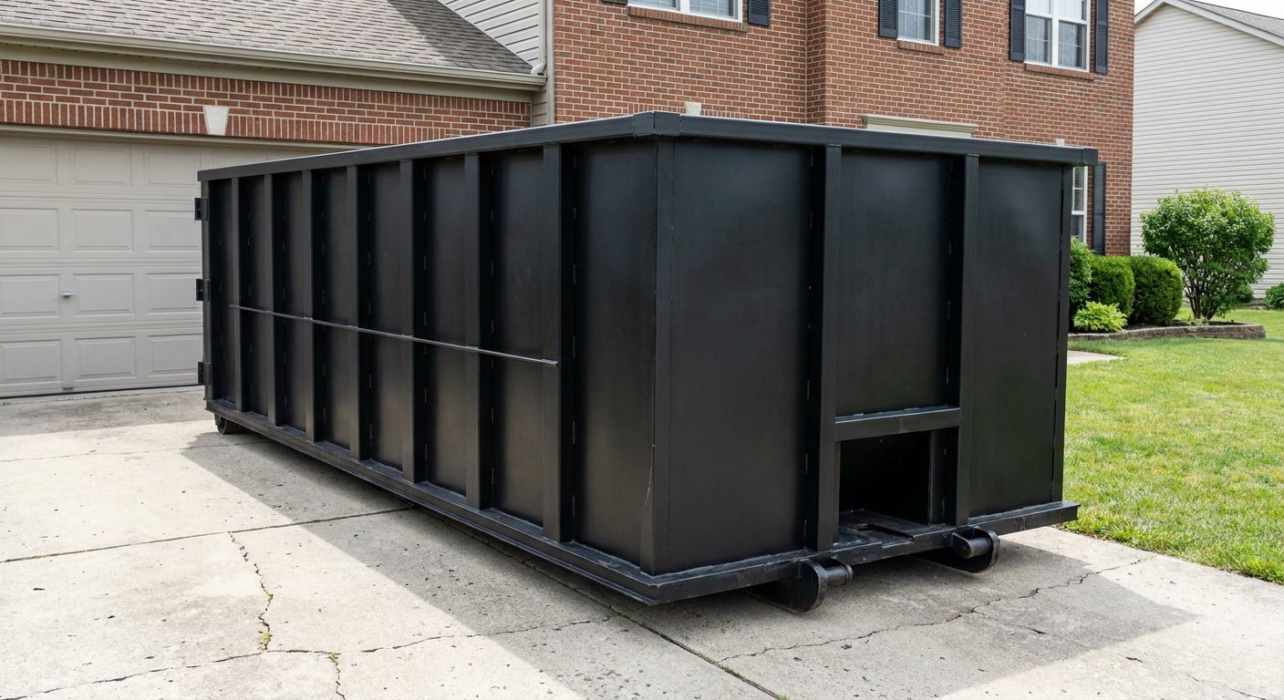 Matte-black 20-yard roll-off container on a Wyoming residential concrete driveway with reinforced ribbed steel sidewalls and a hinged rear walk-in door, clean bright daylight.