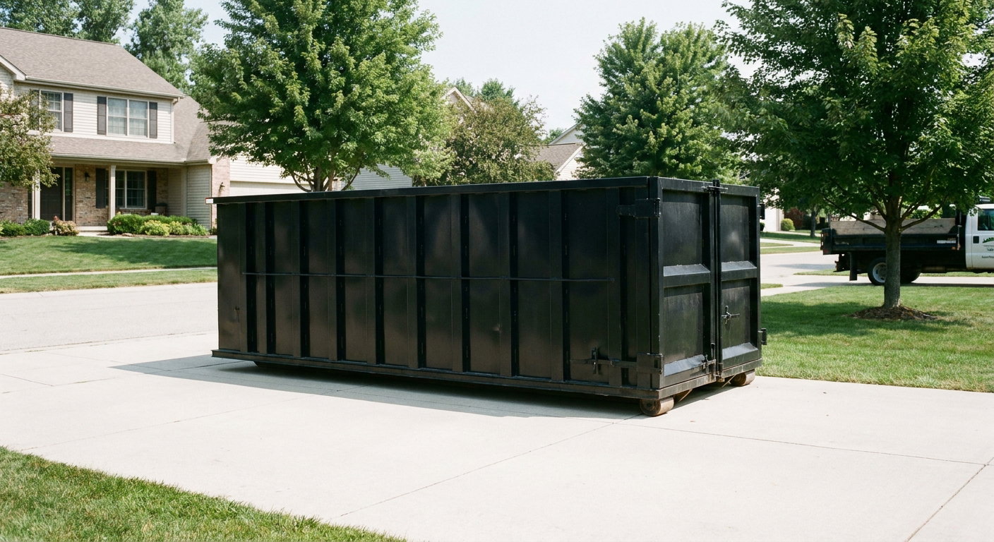 Matte-black 20-yard roll-off dumpster sitting level on a clean Wyoming residential concrete driveway under bright daylight, demonstrating clean placement directly on the concrete.