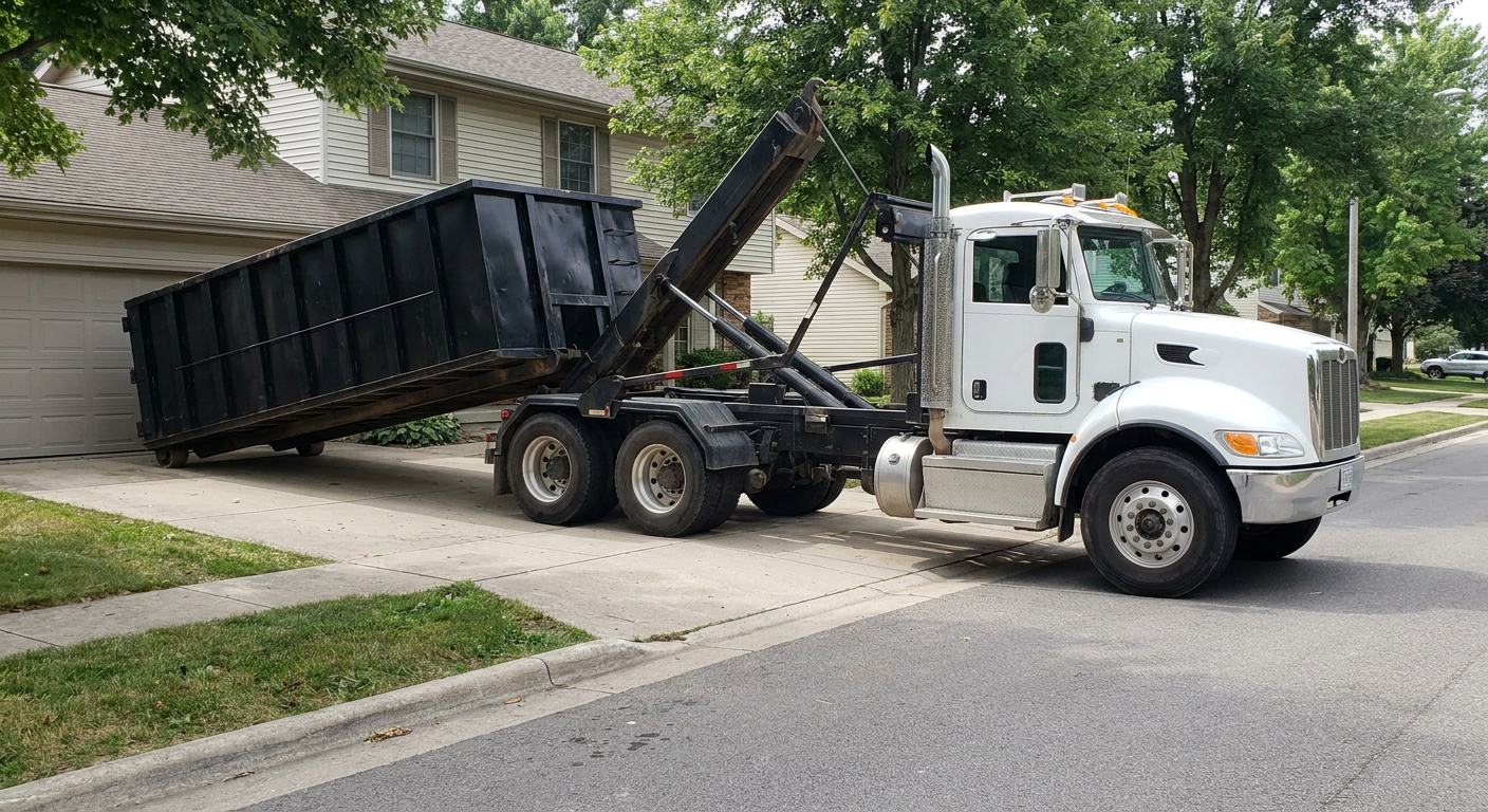 White-cab hooklift roll-off truck actively lowering a matte-black dumpster onto a Wyoming residential concrete driveway, the dumpster's rear wheels touching the driveway as the hoist arm tilts the bed forward, mid-morning daylight.