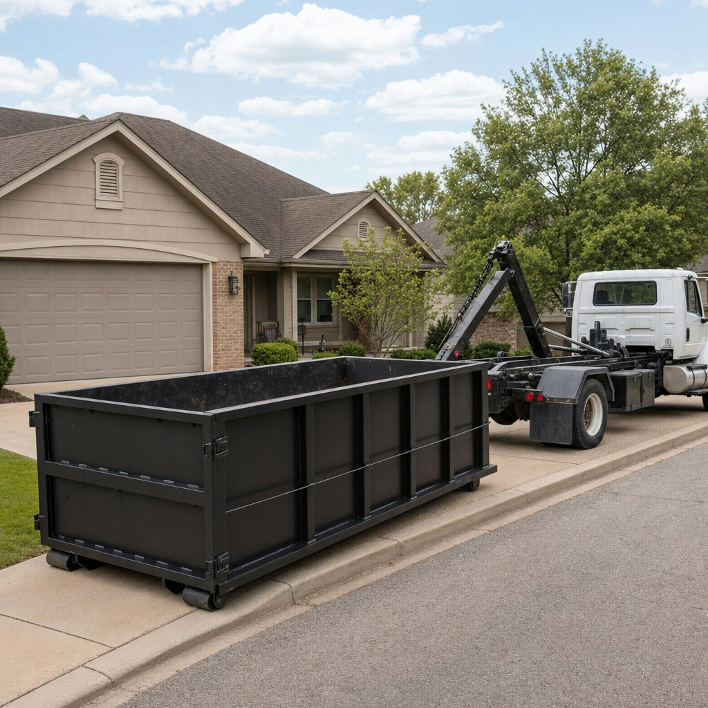 Wide documentary shot of a matte-black roll-off dumpster on a Wyoming residential driveway in the foreground and a contractor jobsite container in the soft-focus background, bright daylight, calm and orderly composition.
