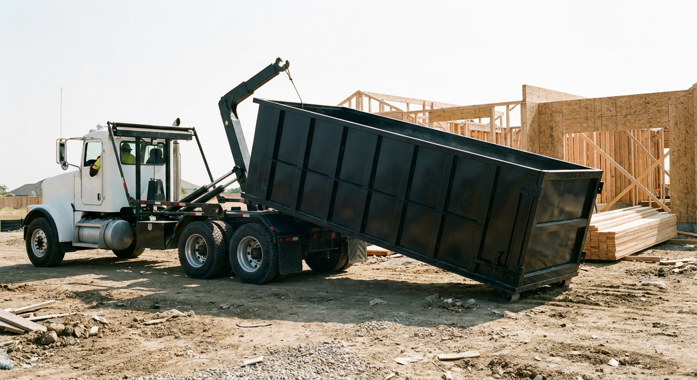 Matte-black roll-off dumpster being delivered onto a clean residential concrete driveway in Wyoming by an unmarked white hooklift hauler truck, bright morning daylight, documentary 35mm perspective.